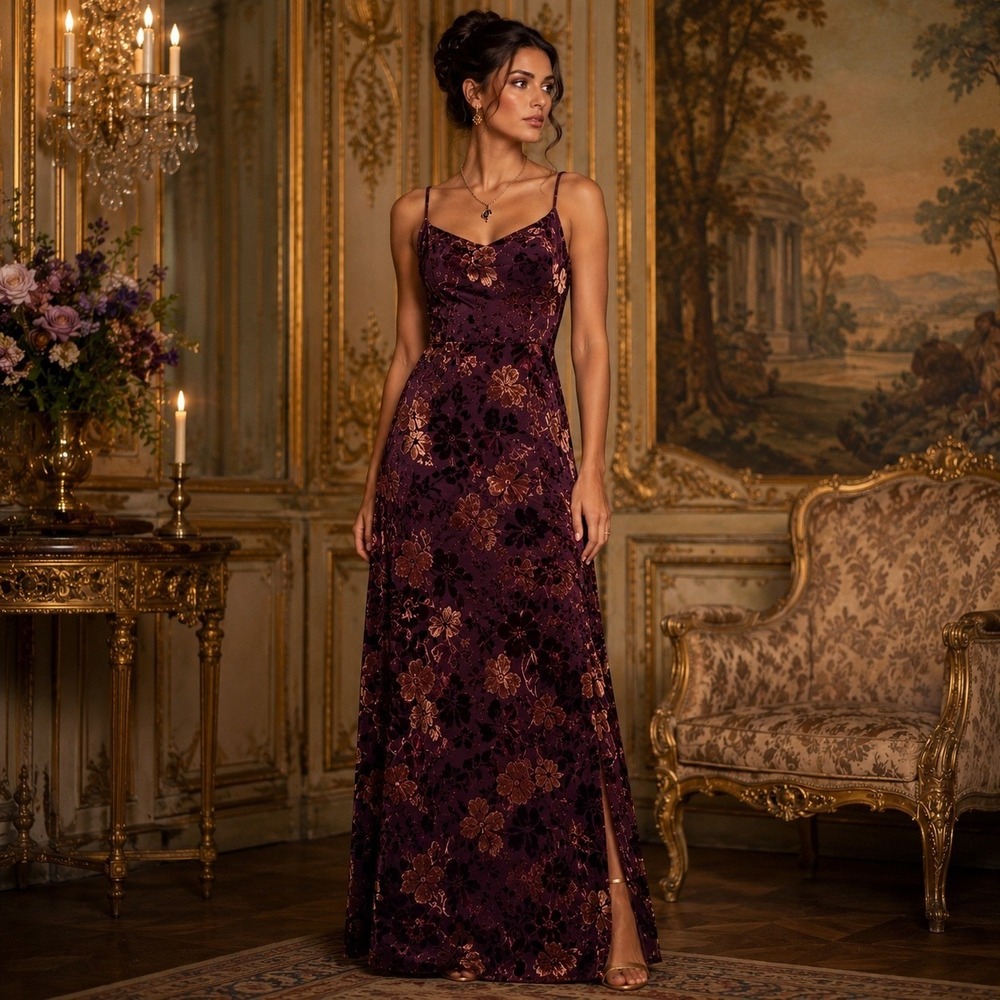 Lulus Burgundy Gold Floral Velvet Burnout Maxi Dress Sweetheart Recency Gilded S